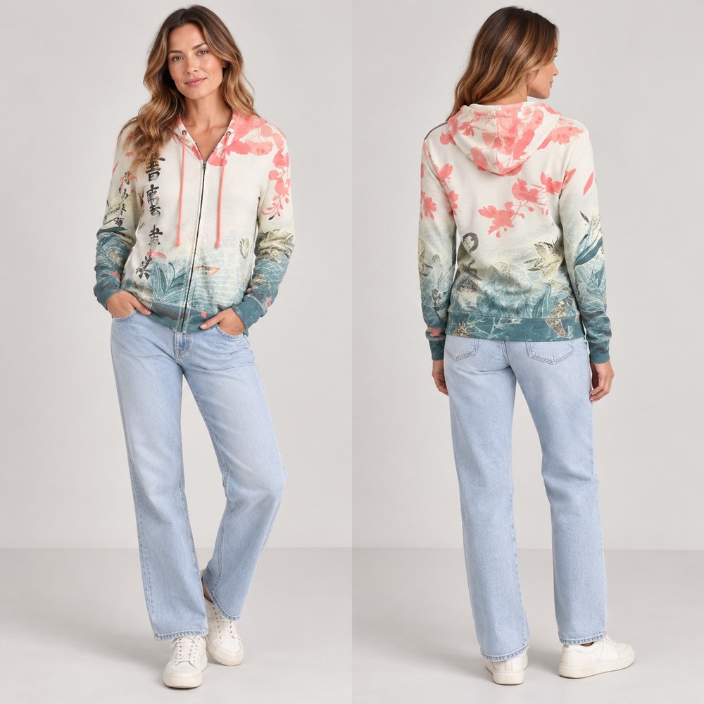 Lucky Brand Womens M Japanese Floral Koi Kanji Graphic Full Zip Hoodie Pink Teal